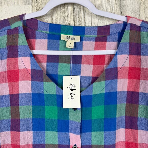 NWT Style&Co Plus 2X Plaid Button Down Shirt Multicolor Short Sleeve Casual Top - Picture 7 of 10
